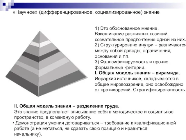 «Научное» (дифференцированное, социализированное) знание 1) Это обоснованное мнение. Взвешивание различных позиций, сознательное