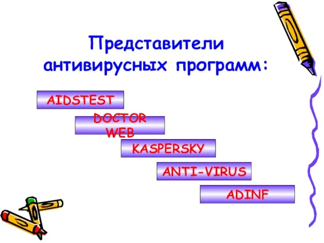 Представители антивирусных программ: AIDSTEST DOCTOR WEB KASPERSKY ANTI-VIRUS ADINF