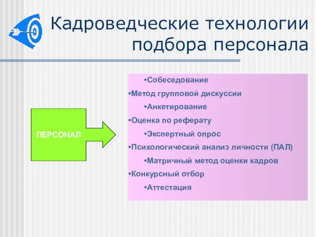 Кадроведческие технологии подбора персонала ПЕРСОНАЛ Собеседование Метод групповой дискуссии Анкетирование Оценка по