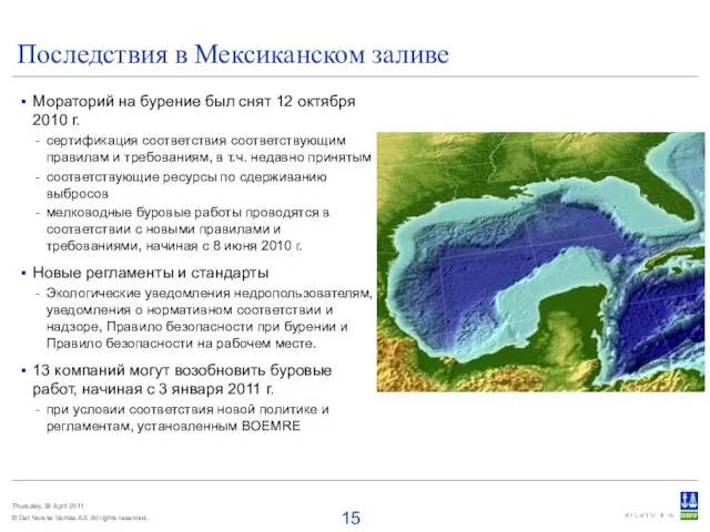 Последствия в Мексиканском заливе Мораторий на бурение был снят 12 октября 2010