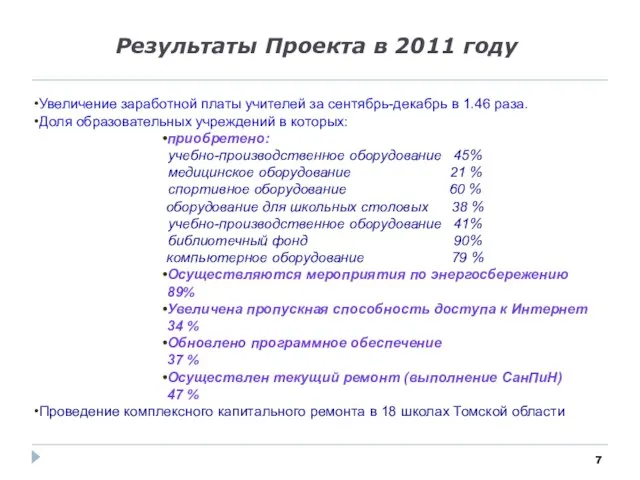 Результаты Проекта в 2011 году Увеличение заработной платы учителей за сентябрь-декабрь в