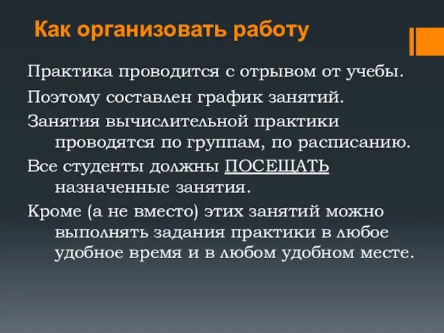 Как организовать работу Практика проводится с отрывом от учебы. Поэтому составлен график