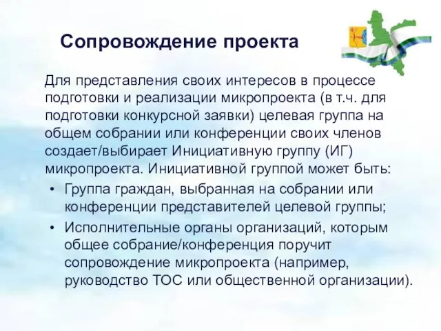 Сопровождение проекта Для представления своих интересов в процессе подготовки и реализации микропроекта