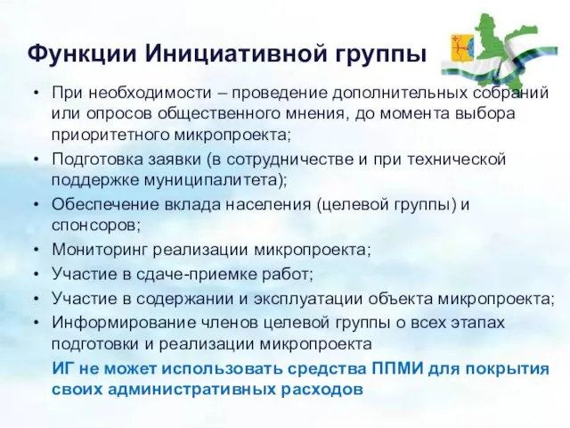 Функции Инициативной группы При необходимости – проведение дополнительных собраний или опросов общественного