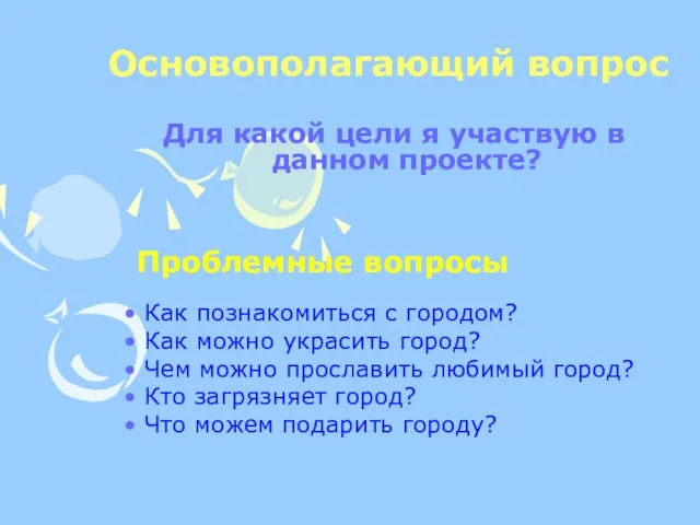 Основополагающий вопрос Для какой цели я участвую в данном проекте? Проблемные вопросы