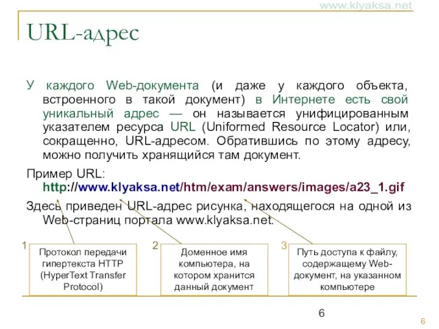 URL-адрес У каждого Web-документа (и даже у каждого объекта, встроенного в такой