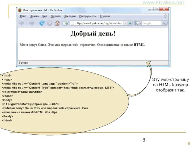 Моя страничка Добрый день! Меня зовут Саша. Это моя первая web-страничка. Она