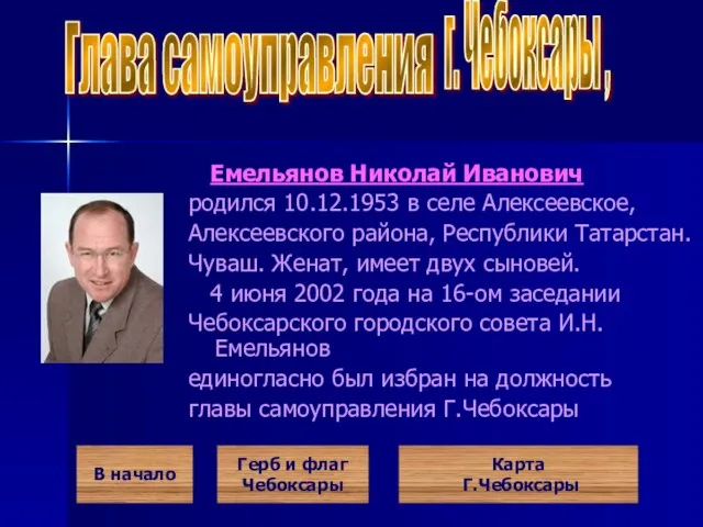 Емельянов Николай Иванович родился 10.12.1953 в селе Алексеевское, Алексеевского района, Республики Татарстан.