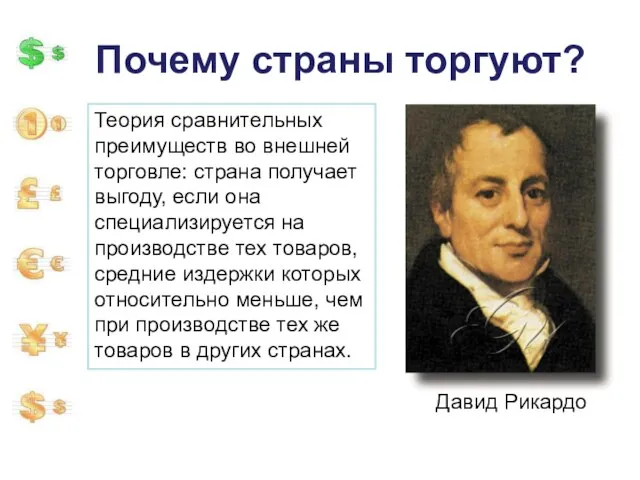 Почему страны торгуют? Теория сравнительных преимуществ во внешней торговле: страна получает выгоду,