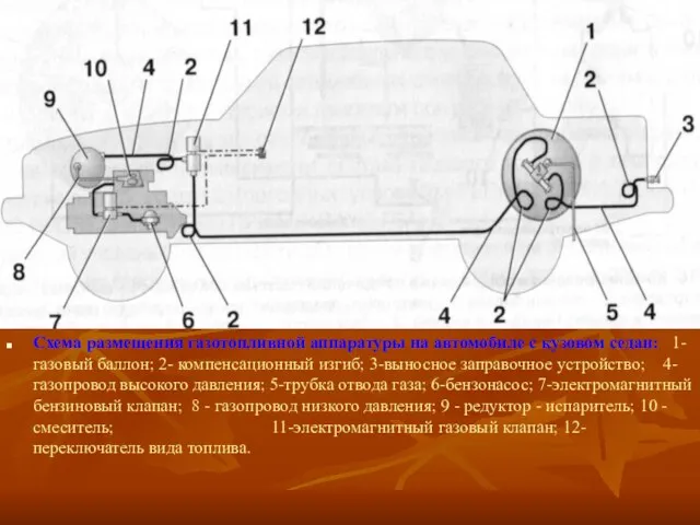 Схема размещения газотопливной аппаратуры на автомобиле с кузовом седан: 1-газовый баллон; 2-