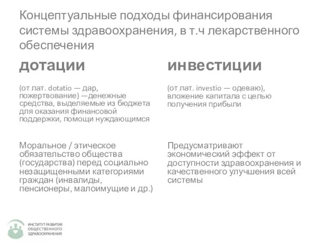 Концептуальные подходы финансирования системы здравоохранения, в т.ч лекарственного обеспечения дотации (от лат.