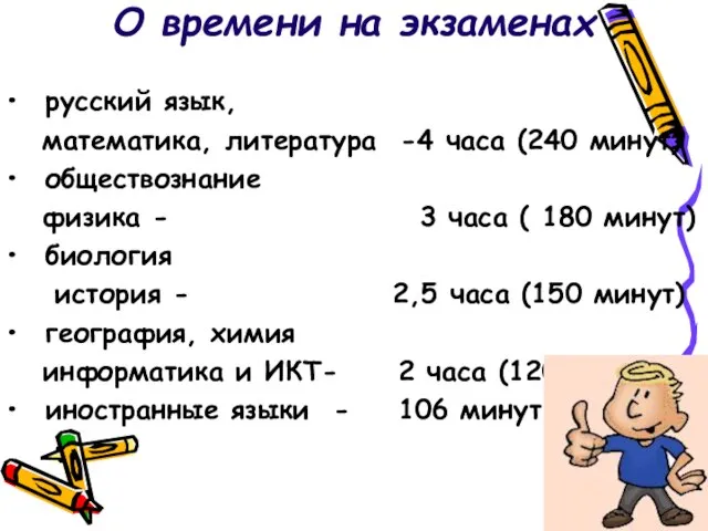 О времени на экзаменах русский язык, математика, литература -4 часа (240 минут)