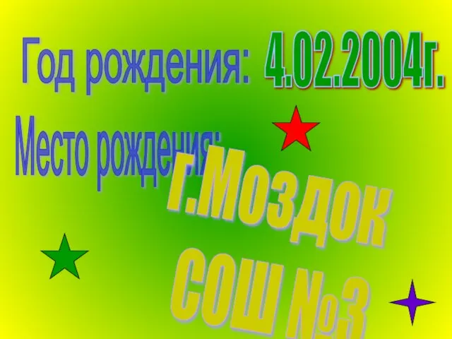 Год рождения: 4.02.2004г. Место рождения: г.Моздок СОШ №3