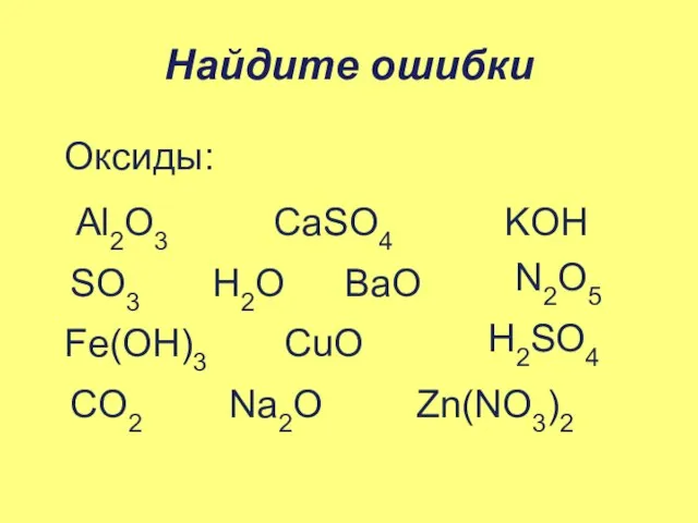 Найдите ошибки Оксиды: Al2O3 CaSO4 KOH SO3 H2SO4 H2O BaO N2O5 CO2 Fe(OH)3 CuO Na2O Zn(NO3)2