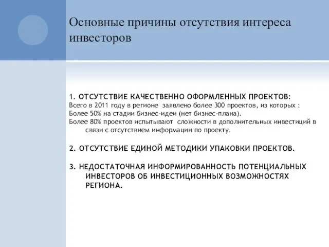 Основные причины отсутствия интереса инвесторов 1. ОТСУТСТВИЕ КАЧЕСТВЕННО ОФОРМЛЕННЫХ ПРОЕКТОВ: Всего в