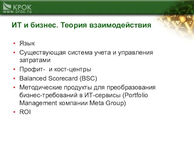 ИТ и бизнес. Теория взаимодействия Язык Существующая система учета и управления затратами