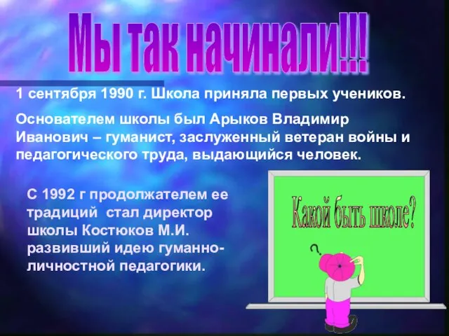 1 сентября 1990 г. Школа приняла первых учеников. Основателем школы был Арыков