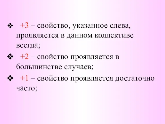 +3 – свойство, указанное слева, проявляется в данном коллективе всегда; +2 –