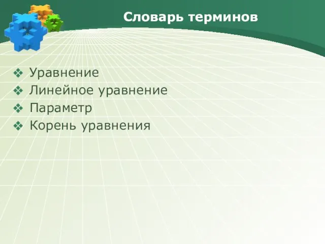 Словарь терминов Уравнение Линейное уравнение Параметр Корень уравнения