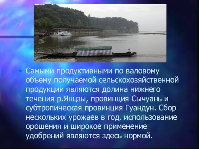 Самыми продуктивными по валовому объему получаемой сельскохозяйственной продукции являются долина нижнего течения