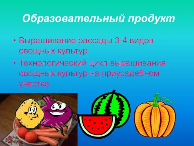 Образовательный продукт Выращивание рассады 3-4 видов овощных культур Технологический цикл выращивания овощных культур на приусадебном участке