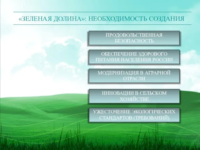 «ЗЕЛЕНАЯ ДОЛИНА»: НЕОБХОДИМОСТЬ СОЗДАНИЯ ПРОДОВОЛЬСТВЕННАЯ БЕЗОПАСНОСТЬ ОБЕСПЕЧЕНИЕ ЗДОРОВОГО ПИТАНИЯ НАСЕЛЕНИЯ РОССИИ МОДЕРНИЗАЦИЯ