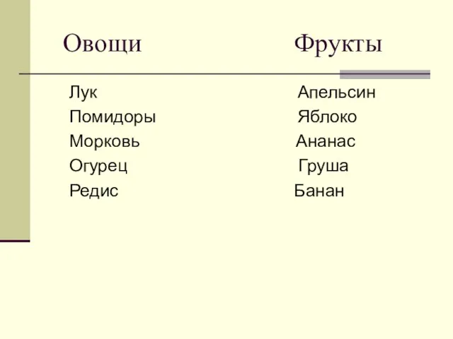 Овощи Фрукты Лук Апельсин Помидоры Яблоко Морковь Ананас Огурец Груша Редис Банан