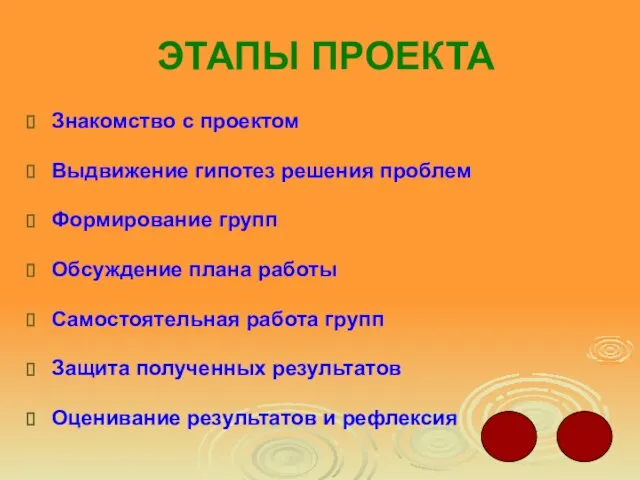 ЭТАПЫ ПРОЕКТА Знакомство с проектом Выдвижение гипотез решения проблем Формирование групп Обсуждение