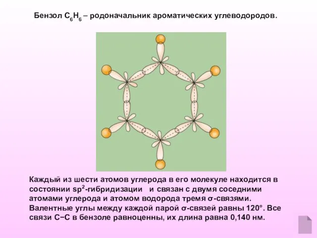 Каждый из шести атомов углерода в его молекуле находится в состоянии sp2-гибридизации