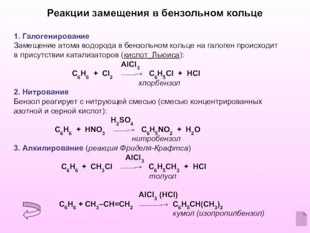 Реакции замещения в бензольном кольце 1. Галогенирование Замещение атома водорода в бензольном