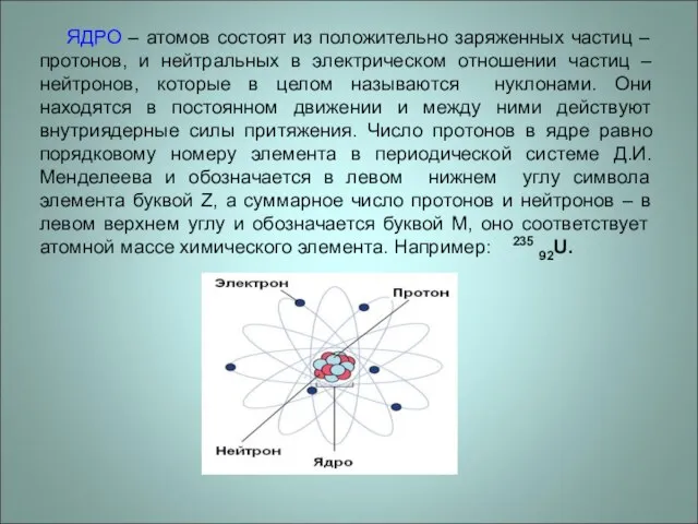 ЯДРО – атомов состоят из положительно заряженных частиц – протонов, и нейтральных