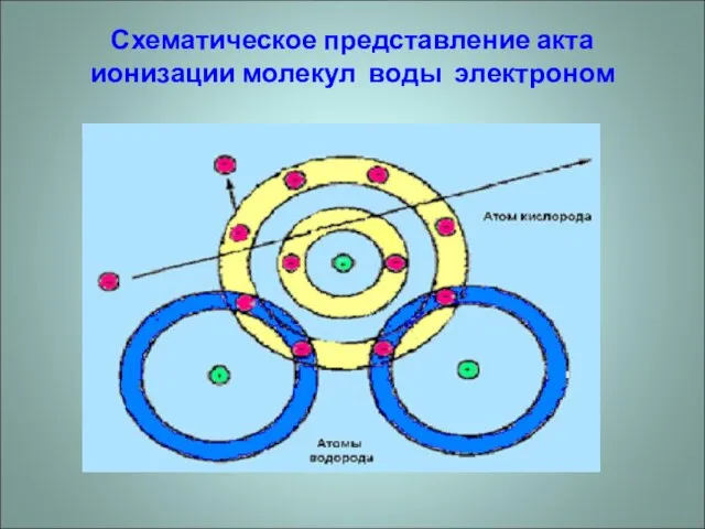 Схематическое представление акта ионизации молекул воды электроном