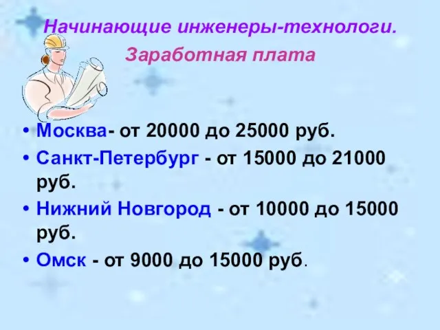 Начинающие инженеры-технологи. Заработная плата Москва- от 20000 до 25000 руб. Санкт-Петербург -