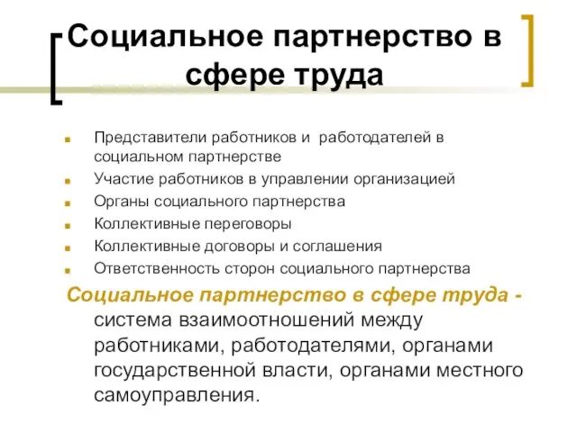 Социальное партнерство в сфере труда Представители работников и работодателей в социальном партнерстве