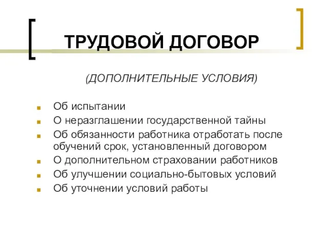 ТРУДОВОЙ ДОГОВОР (ДОПОЛНИТЕЛЬНЫЕ УСЛОВИЯ) Об испытании О неразглашении государственной тайны Об обязанности