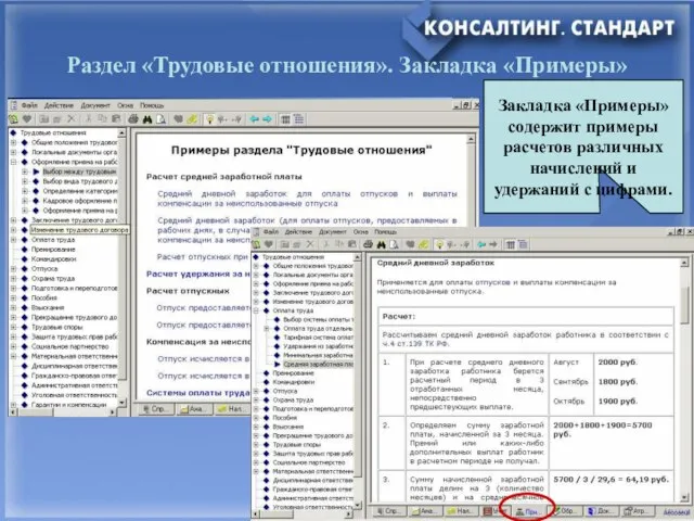 Раздел «Трудовые отношения». Закладка «Примеры» Закладка «Примеры» содержит примеры расчетов различных начислений и удержаний с цифрами.