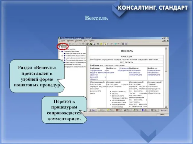 Вексель Раздел «Вексель» представлен в удобной форме пошаговых процедур. Переход к процедурам сопровождается комментарием.