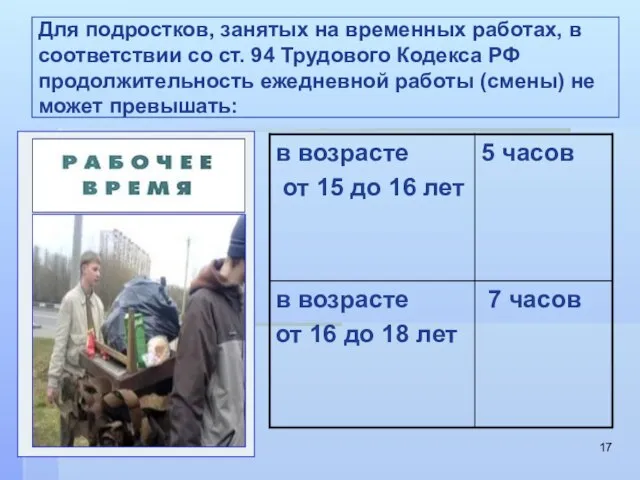 Для подростков, занятых на временных работах, в соответствии со ст. 94 Трудового