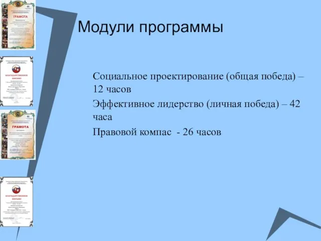 Модули программы Социальное проектирование (общая победа) – 12 часов Эффективное лидерство (личная