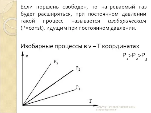 Если поршень свободен, то нагреваемый газ будет расширяться, при постоянном давлении такой