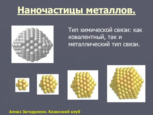 Наночастицы металлов. Тип химической связи: как ковалентный, так и металлический тип связи.