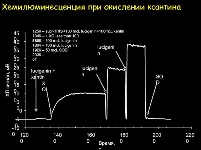 Хемилюминесценция при окислении ксантина -100 -50 0 50 100 150 200 250