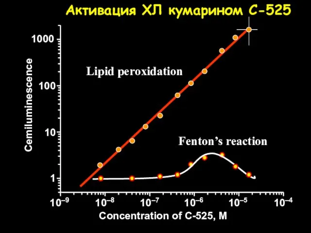 Lipid peroxidation Fenton’s reaction Concentration of C-525, M Cemiluminescence Активация ХЛ кумарином