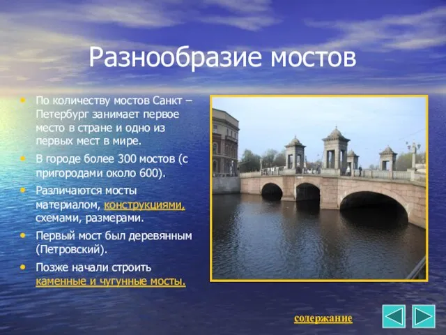 Разнообразие мостов По количеству мостов Санкт –Петербург занимает первое место в стране