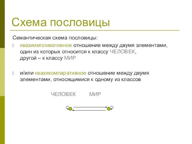 Схема пословицы Семантическая схема пословицы: квазиимпливативное отношение между двумя элементами, один из