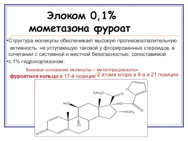 Элоком 0,1% мометазона фуроат Cтруктура молекулы обеспечивает высокую противовоспалительную активность, не уступающую