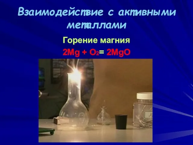 Взаимодействие с активными металлами Горение магния 2Mg + O2= 2MgO ВАСИЛИЙ КАДЕВИЧ 2008г.