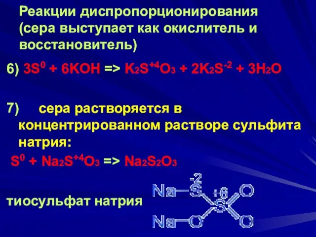 Реакции диспропорционирования (сера выступает как окислитель и восстановитель) 6) 3S0 + 6KOH