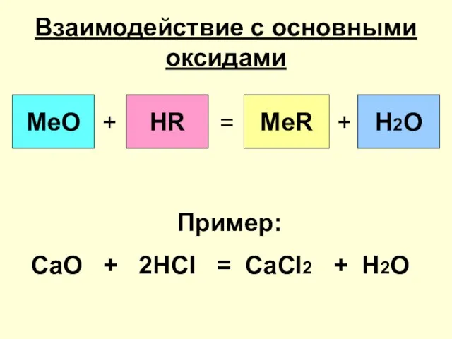 Взаимодействие с основными оксидами Пример: CaO + 2HCl = CaCl2 + H2O