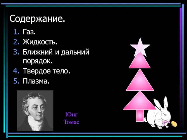 Содержание. Газ. Жидкость. Ближний и дальний порядок. Твердое тело. Плазма. Юнг Томас